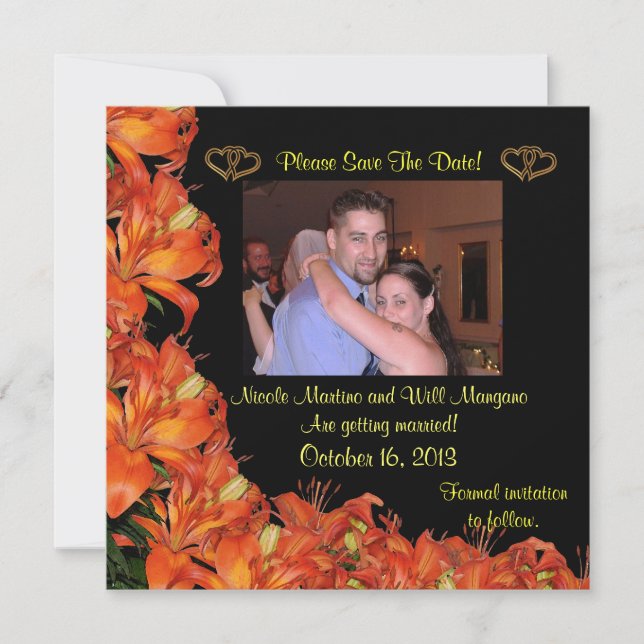 Invitation Sauvegarder la date lis orange floraux (Devant)