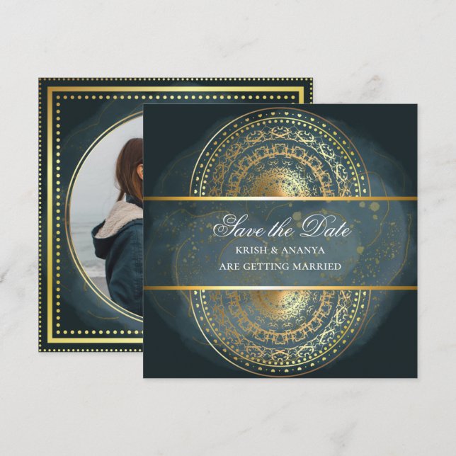 Invitation Sauvegarder la date, Mariage bleu et noir Exquis (Devant / Derrière)