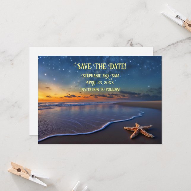 Invitation Sauver la date Plage romantique  (Devant/Arrière en situation)