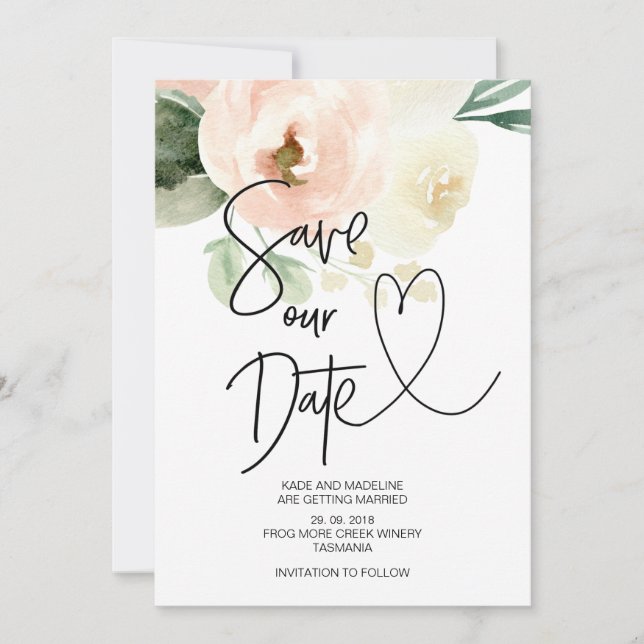 Invitation Sauver notre date Fleurs roses blush Mariage (Devant)