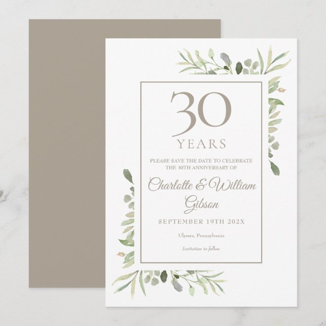 Invitation Sauvez la date 30e anniversaire de Mariage verdure (Devant / Derrière)