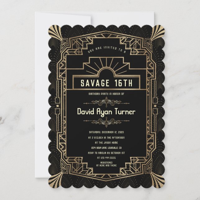 Invitation Savage 16e Gold Art Déco Great Gatsby 20s (Devant)