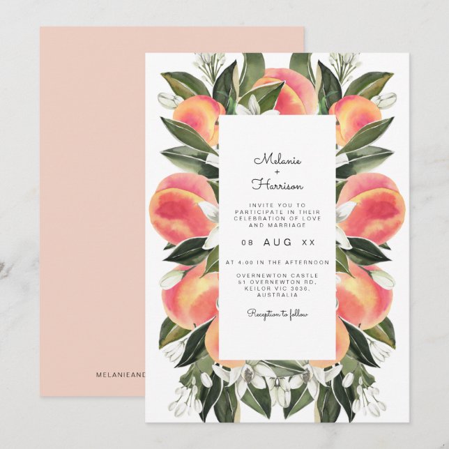 Invitation Savannah - Aquarelle Pêche Mariage botanique (Devant / Derrière)