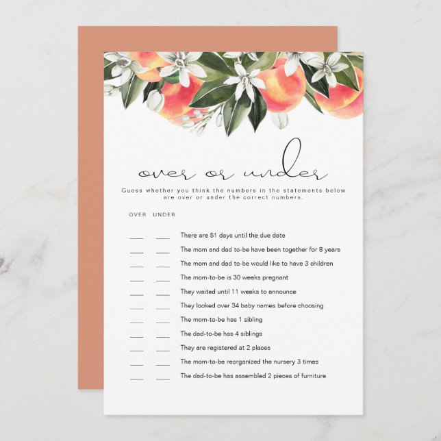 Invitation SAVANNAH Peach Over Under Baby shower Game Card (Devant / Derrière)