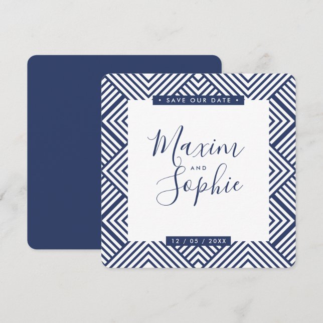 Invitation SAVE NOTRE DATE simple geo moderne mariage marine  (Devant / Derrière)