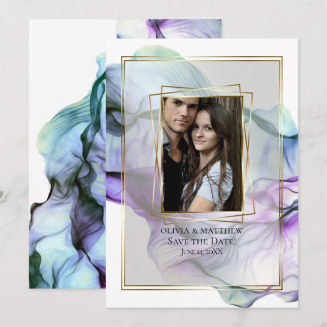 Invitation Save the date | Abstraite Encre Turquoise Indigo (Devant / Derrière)