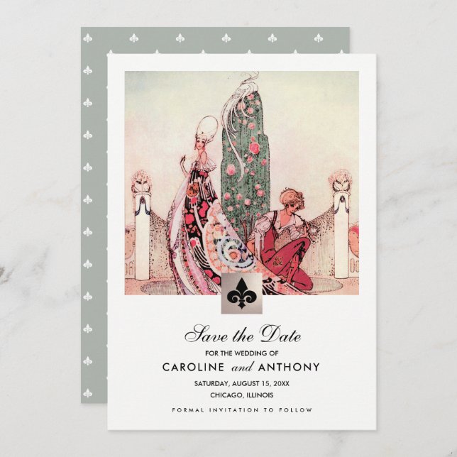 Invitation Save the date. Annonces de Mariage d'art vintage (Devant / Derrière)