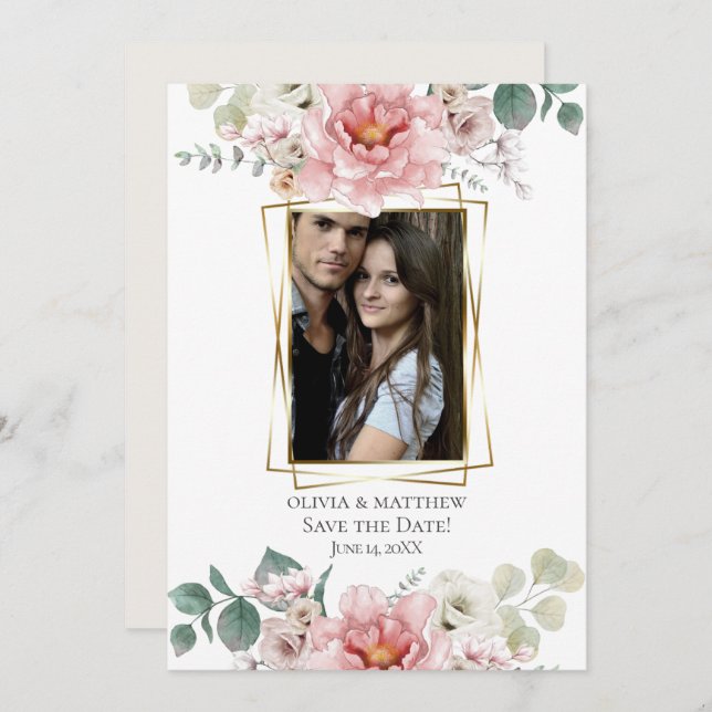 Invitation Save the date | Aquarelle Floral Rose Blush (Devant / Derrière)