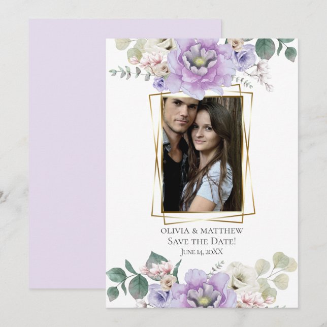 Invitation Save the date | Aquarelle Lavender Peony Floral (Devant / Derrière)