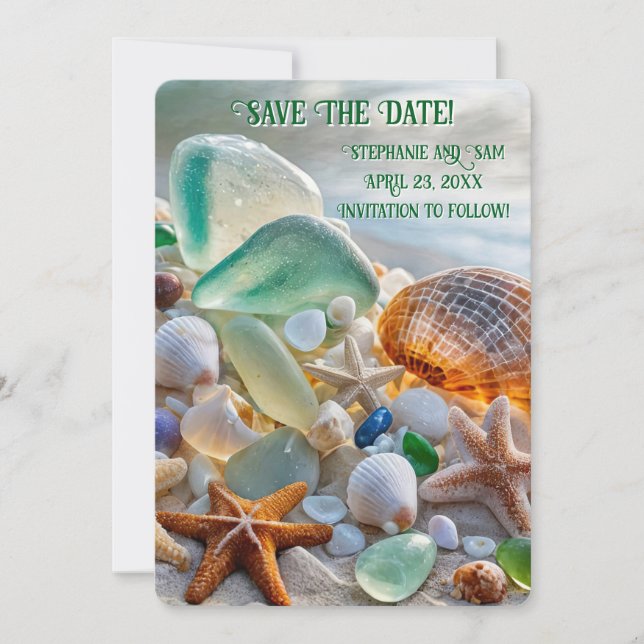 Invitation Save the Date Beach Seashells Glass Beautiful (Devant)