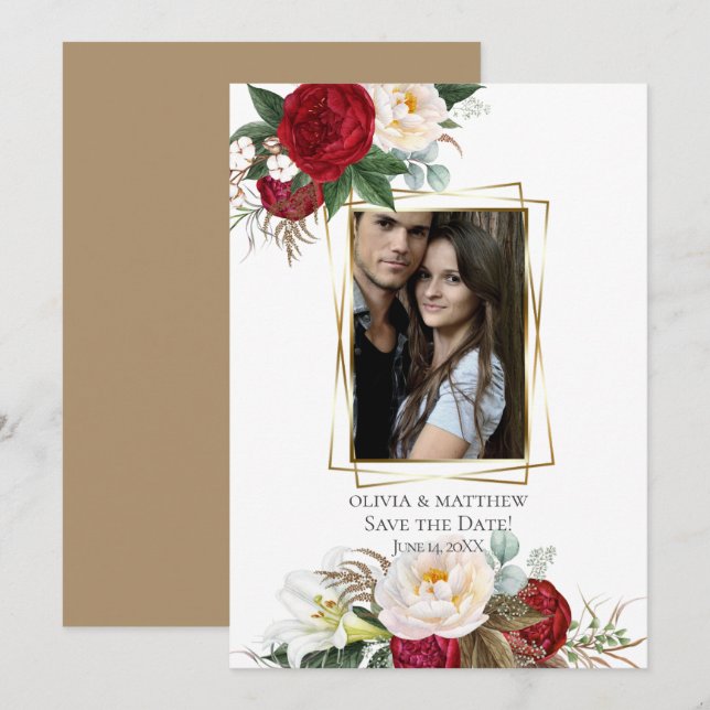 Invitation Save the date | Bourgogne Peony Bouquets floraux (Devant / Derrière)