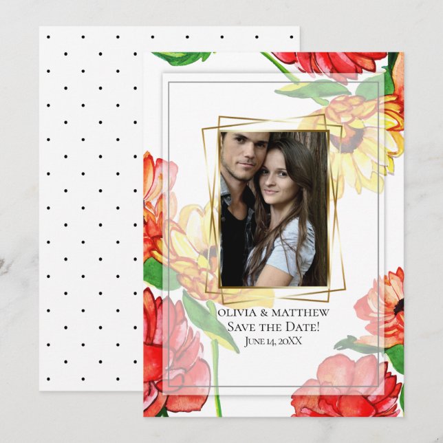 Invitation Save the date | Cadre photo florale aquarelle (Devant / Derrière)