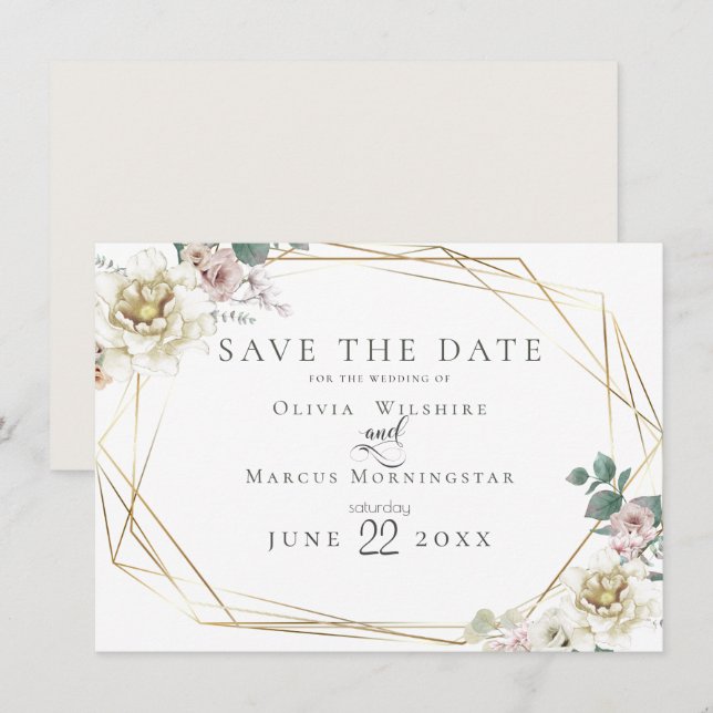 Invitation Save the date | Élégante ivoire et florale blush (Devant / Derrière)