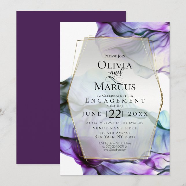 Invitation Save the date | Encre d'aquarelle violette vive (Devant / Derrière)