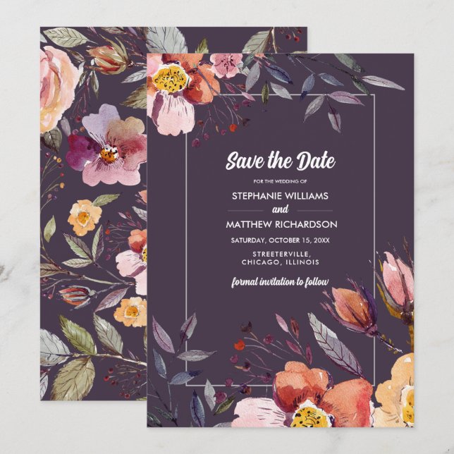 Invitation Save the date. Fleurs d'automne Mariage de prune (Devant / Derrière)
