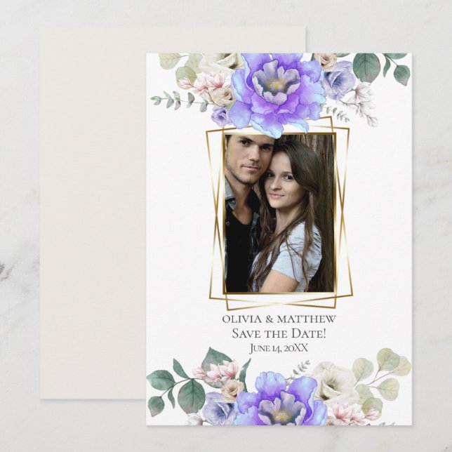 Invitation Save the date | Fleurs Ombré bleu violet (Devant / Derrière)