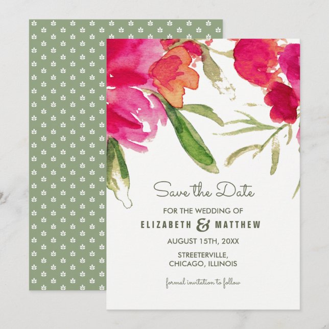 Invitation Save the date. Fuchsia Green Floral Mariage (Devant / Derrière)