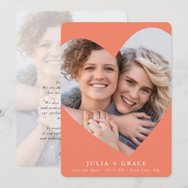 Invitation SAVE THE DATE lgbtq photo moderne cadre coeur pêch (Devant / Derrière)