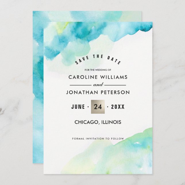 Invitation Save the date. Mariage d'aquarelle turquoise (Devant / Derrière)