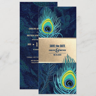Invitation Save the date. Peacock Feather Marine Blue Gold