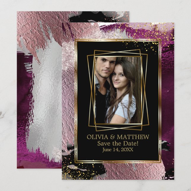 Invitation Save the date | Photo Bold Black Cassis Abstrait (Devant / Derrière)