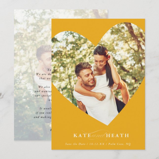 Invitation SAVE THE DATE photo moderne élégant coeur jaune (Devant / Derrière)