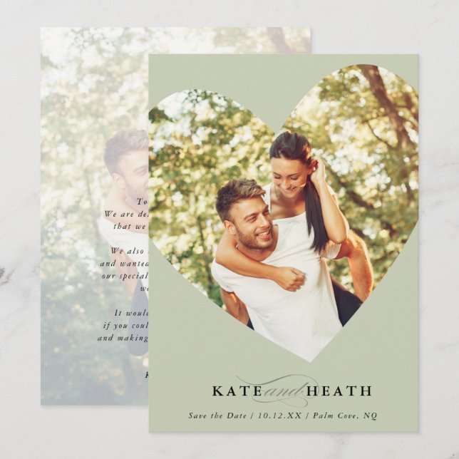 Invitation SAVE THE DATE photo moderne mignon coeur vert sage (Devant / Derrière)