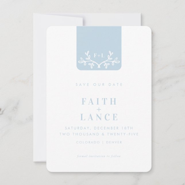 Invitation SAVE THE DATE spring garden twig logo bleu pâle (Devant)