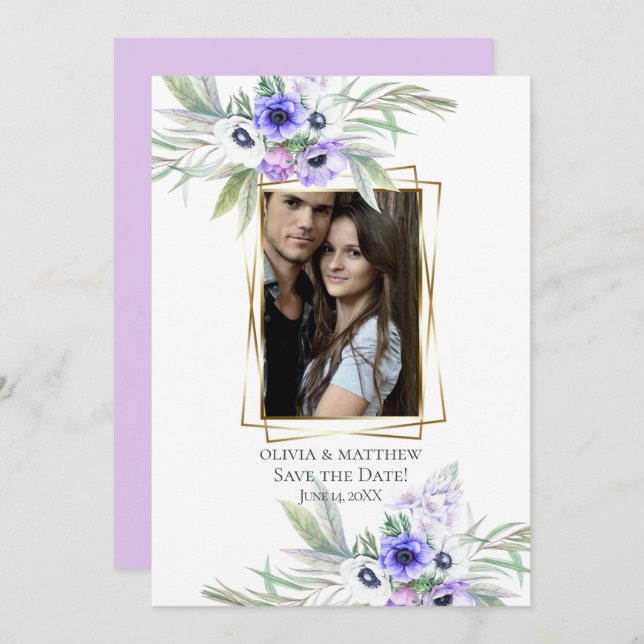 Invitation Save the date | Violet Anémonique Bouquets floraux (Devant / Derrière)