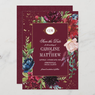 Invitation Save the date. Violet Mariage floral bleu marine