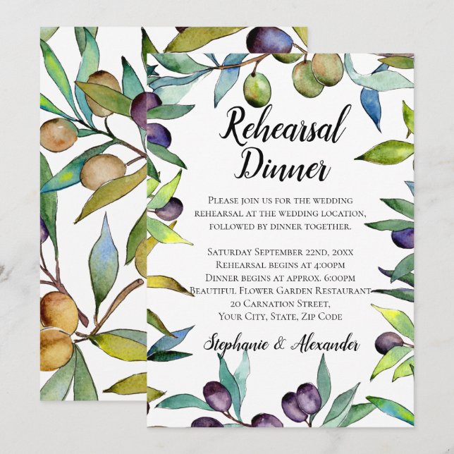 Invitation Savoureux Olives Toscane Aquarelle Dîner de répéti (Devant / Derrière)