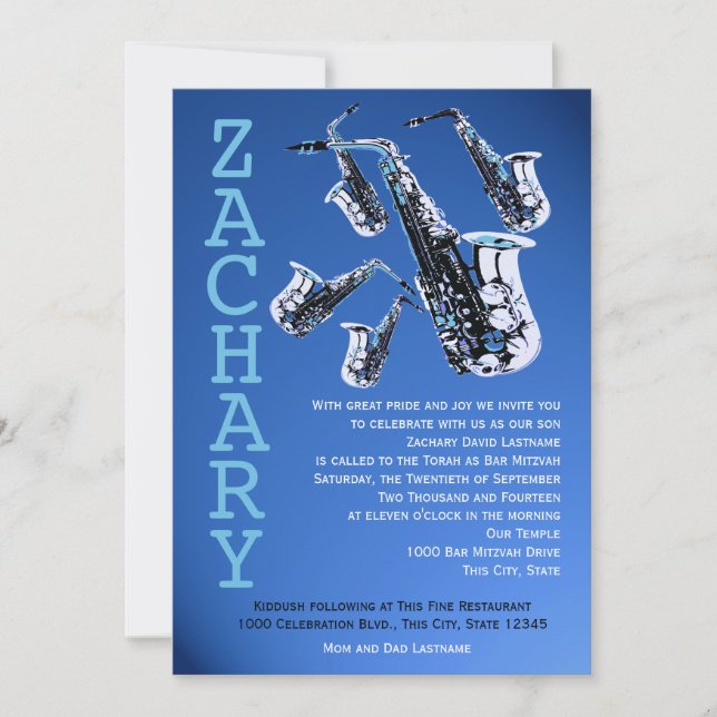 Invitation Saxophone Music Bar Mitzvah (Devant)