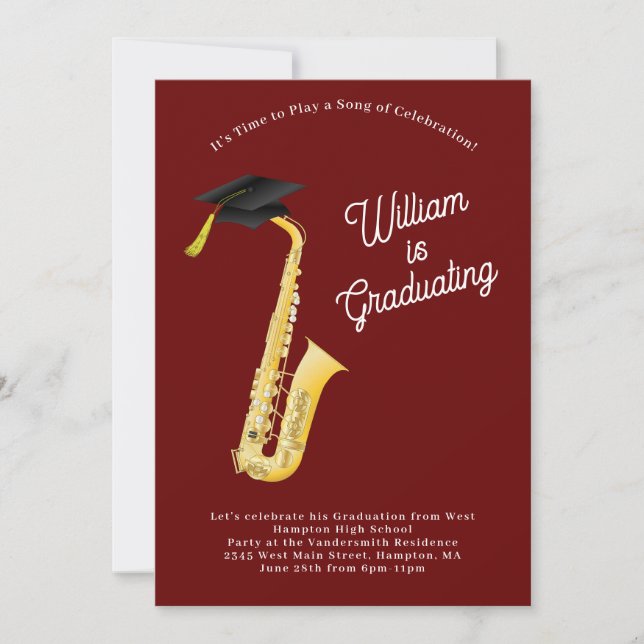 Invitation Saxophone Musicien Graduation Party Musique (Devant)
