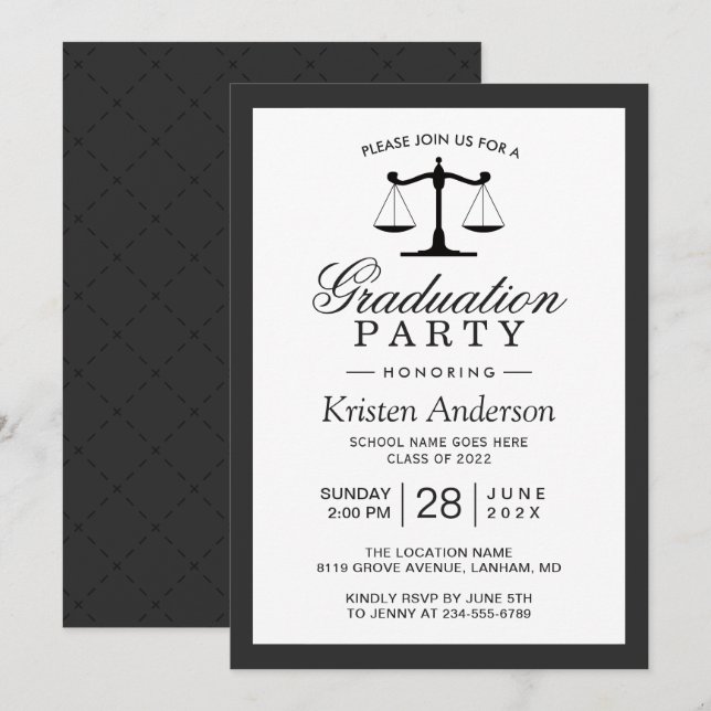 Invitation Scales de justice Droit Parti de la fin de l'école (Devant / Derrière)