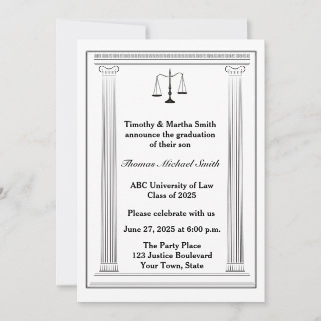 Invitation Scales of Justice, Colonnes romaines, Graduation (Devant)