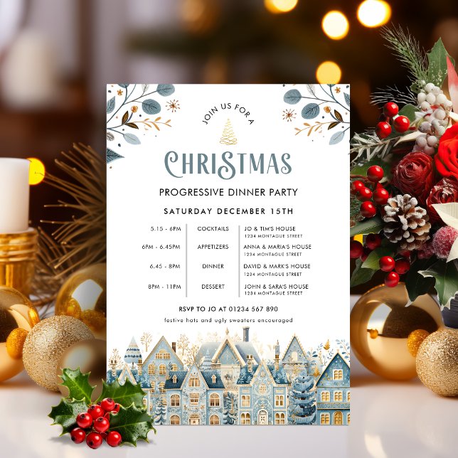 Invitation Scandi Blue Progressive Christmas Dinner Party (Progressive Dinner Invitation )