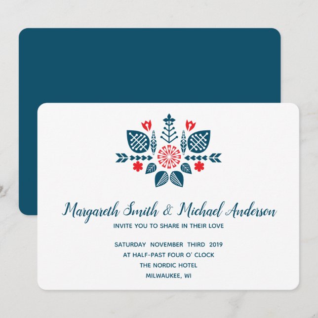 Invitation Scandinave  Amour en rouge et bleu | Mariage (Devant / Derrière)