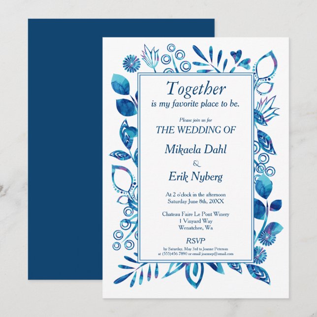 Invitation Scandinave Blue Floral Mariage (Devant / Derrière)