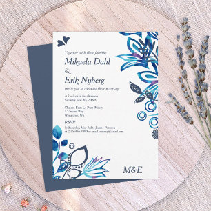 Invitation Scandinave Blue Floral Mariage