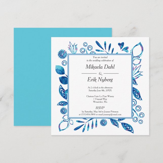Invitation Scandinave Blue Turquoise Fleurs Coeurs Feuille (Devant / Derrière)