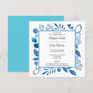 Invitation Scandinave Blue Turquoise Fleurs Coeurs Feuille