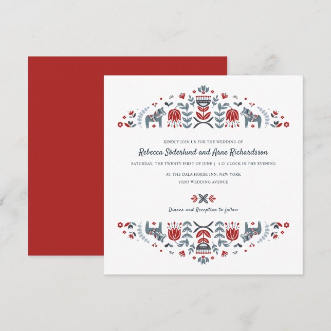 Invitation Scandinave folk Art Dala Horse Mariage (Devant / Derrière)