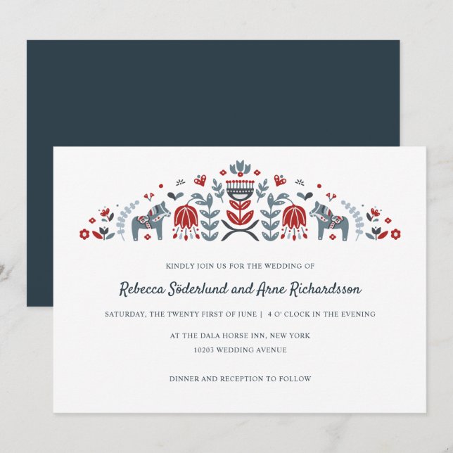 Invitation Scandinave folk Art Dala Horse Mariage (Devant / Derrière)