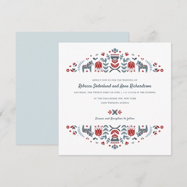 Invitation Scandinave folk Art Dala Horse Mariage (Devant / Derrière)