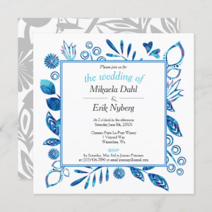 Invitation Scandinave Hiver Bleu Floral modèle Mariage