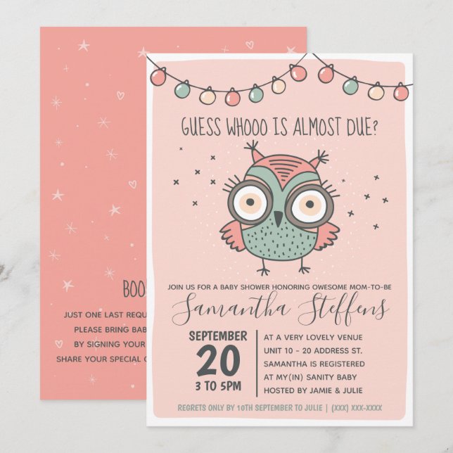Invitation Scandinave rose who à échéance Baby shower Owl (Devant / Derrière)