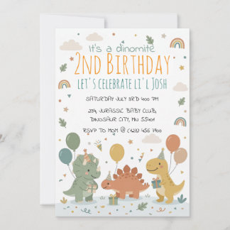 Invitation Scandinavian Pastel Dinosaur 2nd Birthday Party