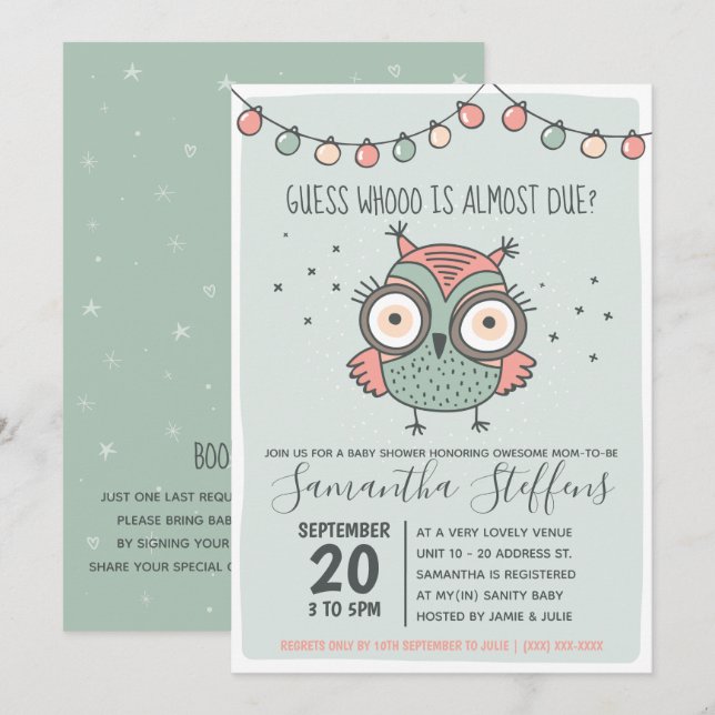 Invitation Scandinavie Green Whoo est due Owo Baby shower (Devant / Derrière)