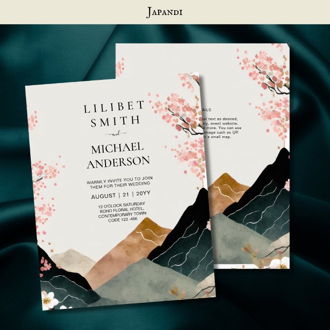 Invitation Scandinavie Japandi thème Mariage rose noir (Créateur téléchargé)