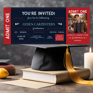 Invitation Scarlet Red & Navy Graduation Faux Ticket | Invita